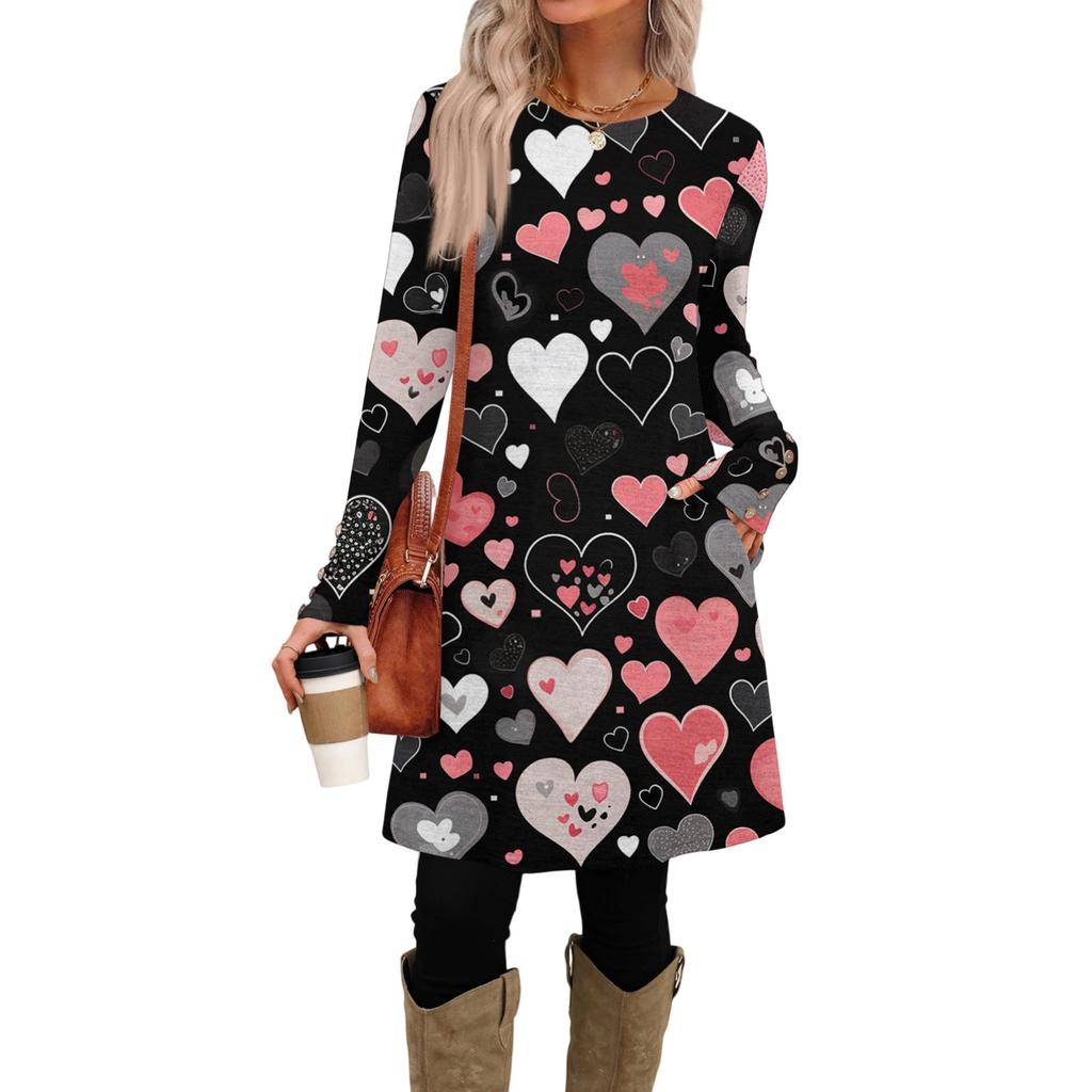 Women's fashion casual pocket decorative button dress round neck long sleeve printed dress