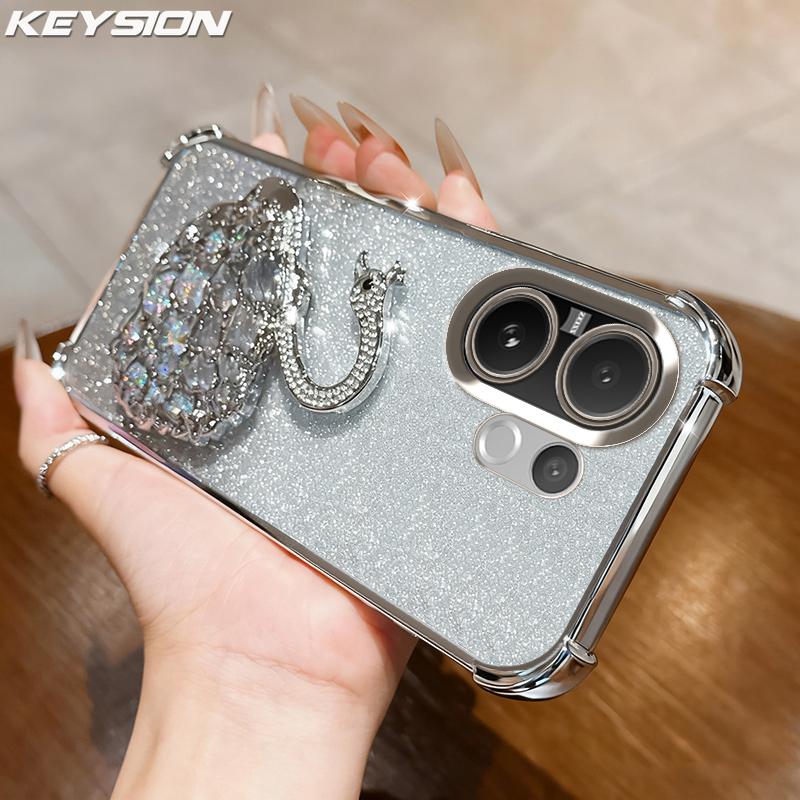 KEYSION Shockproof Plating Phone Case for VIVO V60 5G Clear Soft TPU Glitter Jewelled Swan Kickstand Back Cover for VIVO V60