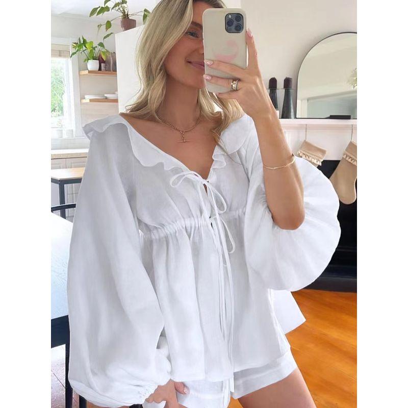 Fashion Style Summer Lantern Sleeve V Neck Tops Shorts Two-piece Set Lace up Top and Shorts Set