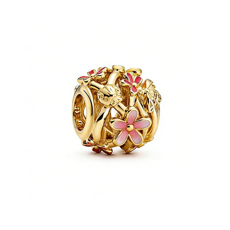 Popular Goods Sparkling Flower Pink And Gold Series Charm Bead Pendant Fit Original Silver Bangle Necklace Jewelry Gift