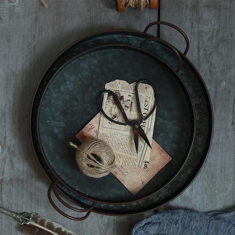 Retro Originality Home Storage Tray Metal Iron Art Binaural Plate Fruit Desserts Bread Delicious Food Photograph Decorate Prop