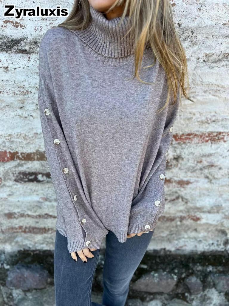 Autumn Winter New Women's Sweater Casual High Neck Button Knit Pullover for Women