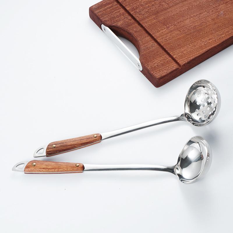 2022 New Wooden Handle Stainless Steel Hot Pot and Slotted Soup Ladle with Laser Logo