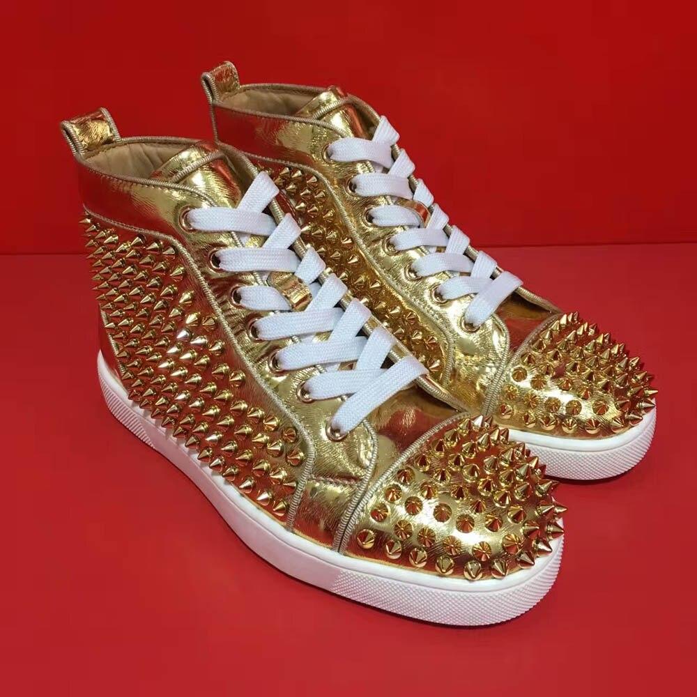 

Luxury Couple Gold Rat Pattern Leather High Top Rivet Flats Red Bottom For Men White Sole Spikes Loafers Casual Sneakers Shoes
