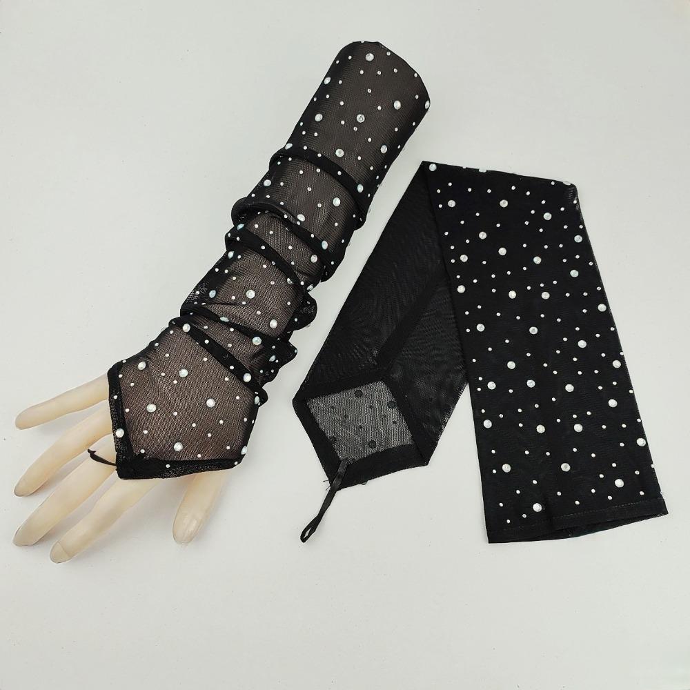 1 Pair Breathable Fingerless Gloves Rhinestone Sunscreen Arm Sleeves Long Elegance Mitten  Women