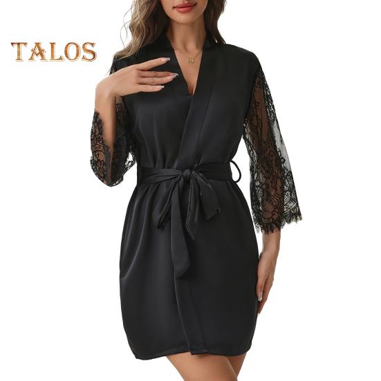 

Женский кружевной халат-кимоно, сексуальная сетчатая сорочка, облегающая ночная рубашка, короткий атласный халат для невесты и подружки невесты, V-образный вырез, рукав 3/4, одежда для сна L чёрный