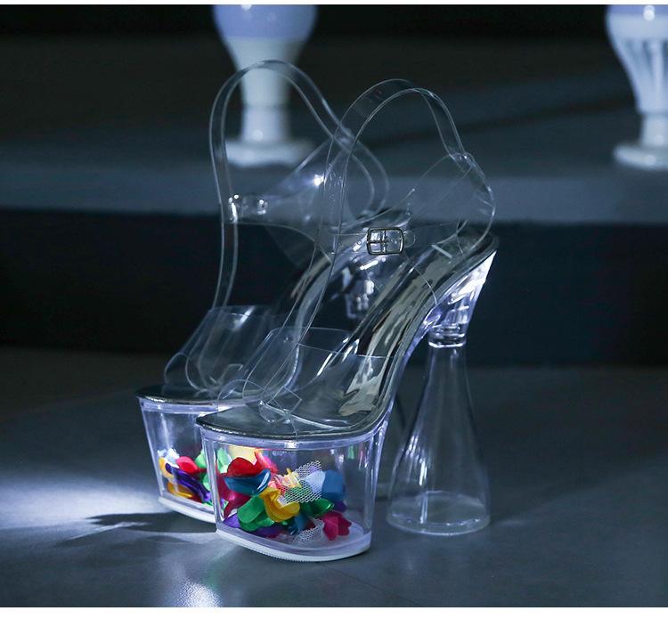 

10369 Серия, туфли на каблуке 17,5 см и платформе 8 см, модель автомобиля, светящиеся женские подиумные сандалии со стальной трубкой LFD 38 серебряный