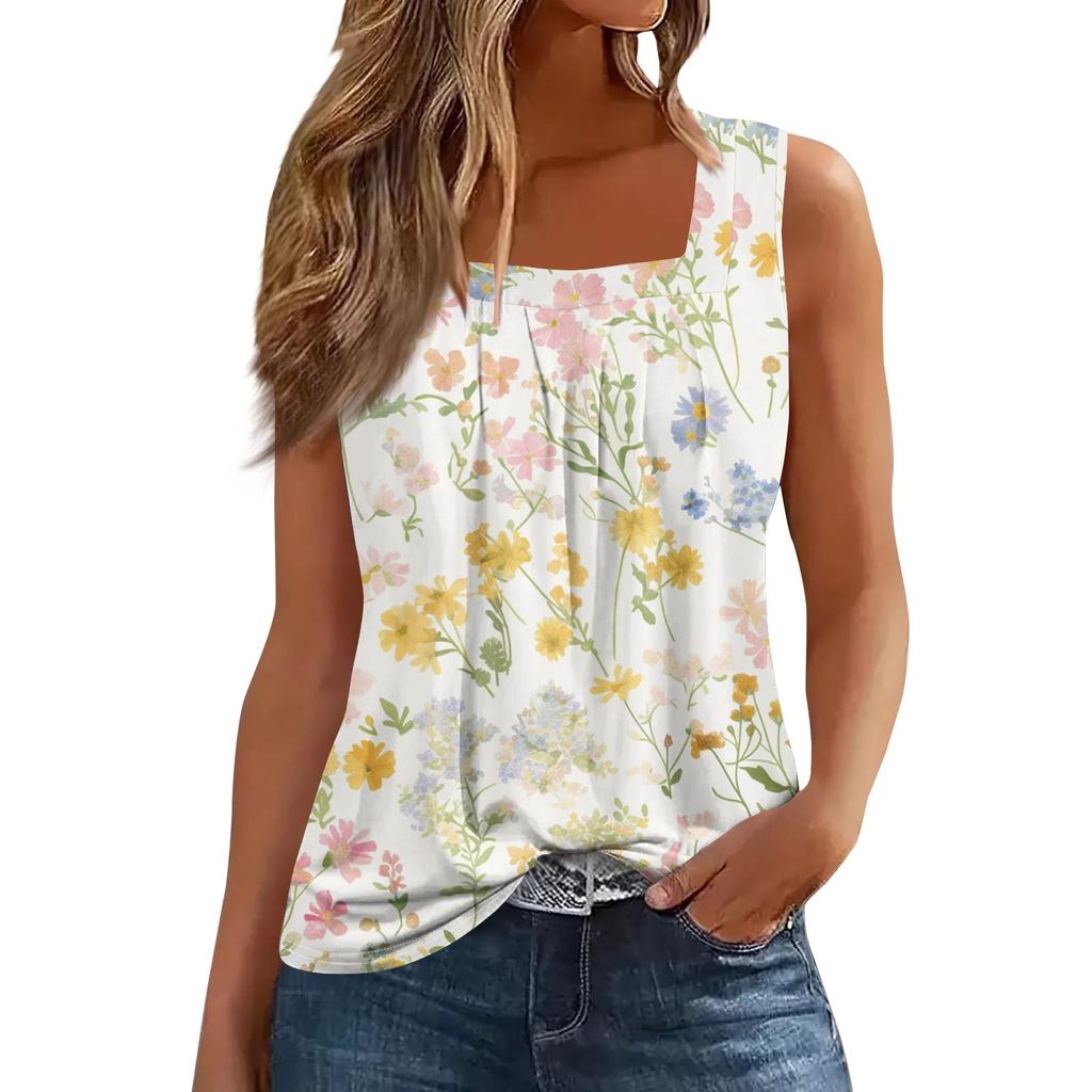 Women's Fashion Casual Pleated Square Collar Sleeveless Vest Print Summer T-shirt