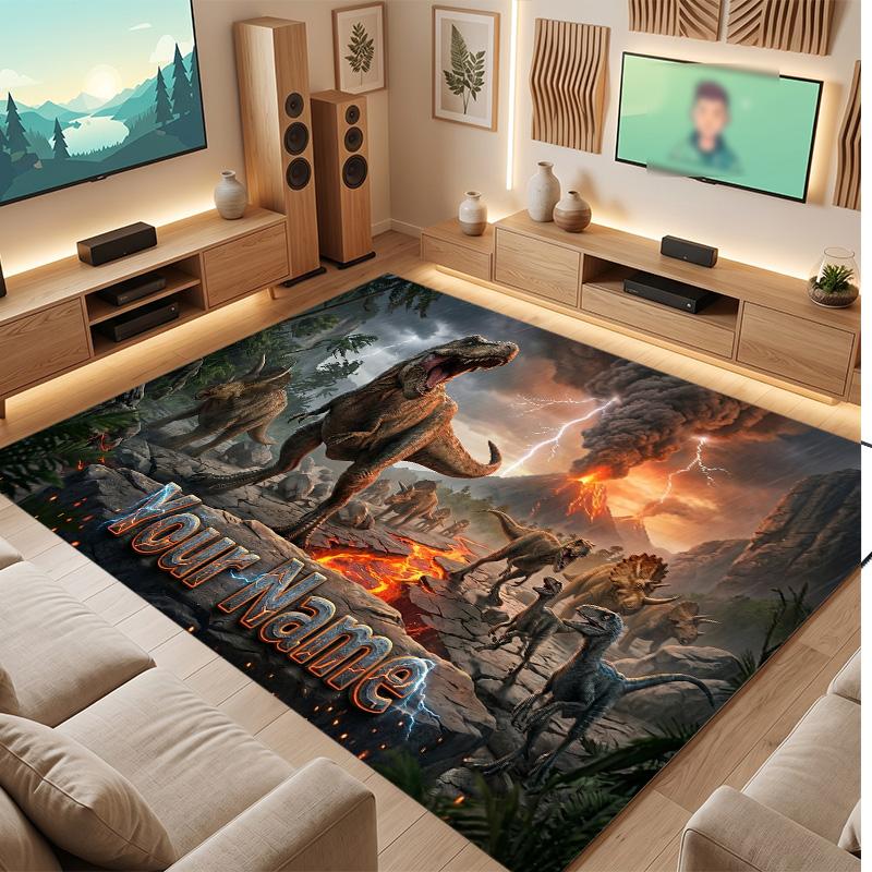 Dinosaur Theme Soft Crystal Velvet Rug Custom Name & Text Print Non Slip Floor Rug for Bedroom Living Room