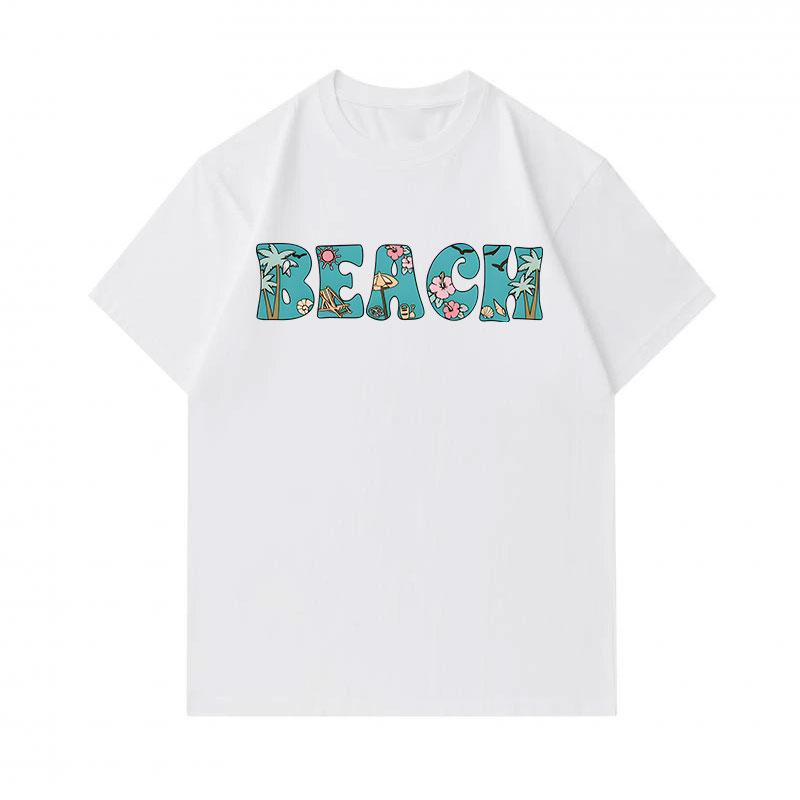 Men's 100% Cotton Crew Neck Short Sleeve T-Shirt, Casual Summer BEACH Letter Print with Palm Tree Sun Flower Pattern Soft Breathable Loose Fit Daily H
