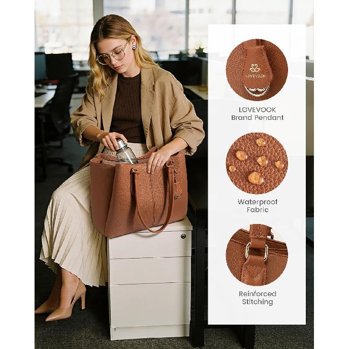 LOVEVOOK Laptop Tote Bag for Women 15.6 In Work Bags with Triple Compartments Large Faux Leather Computer Office Briefcase