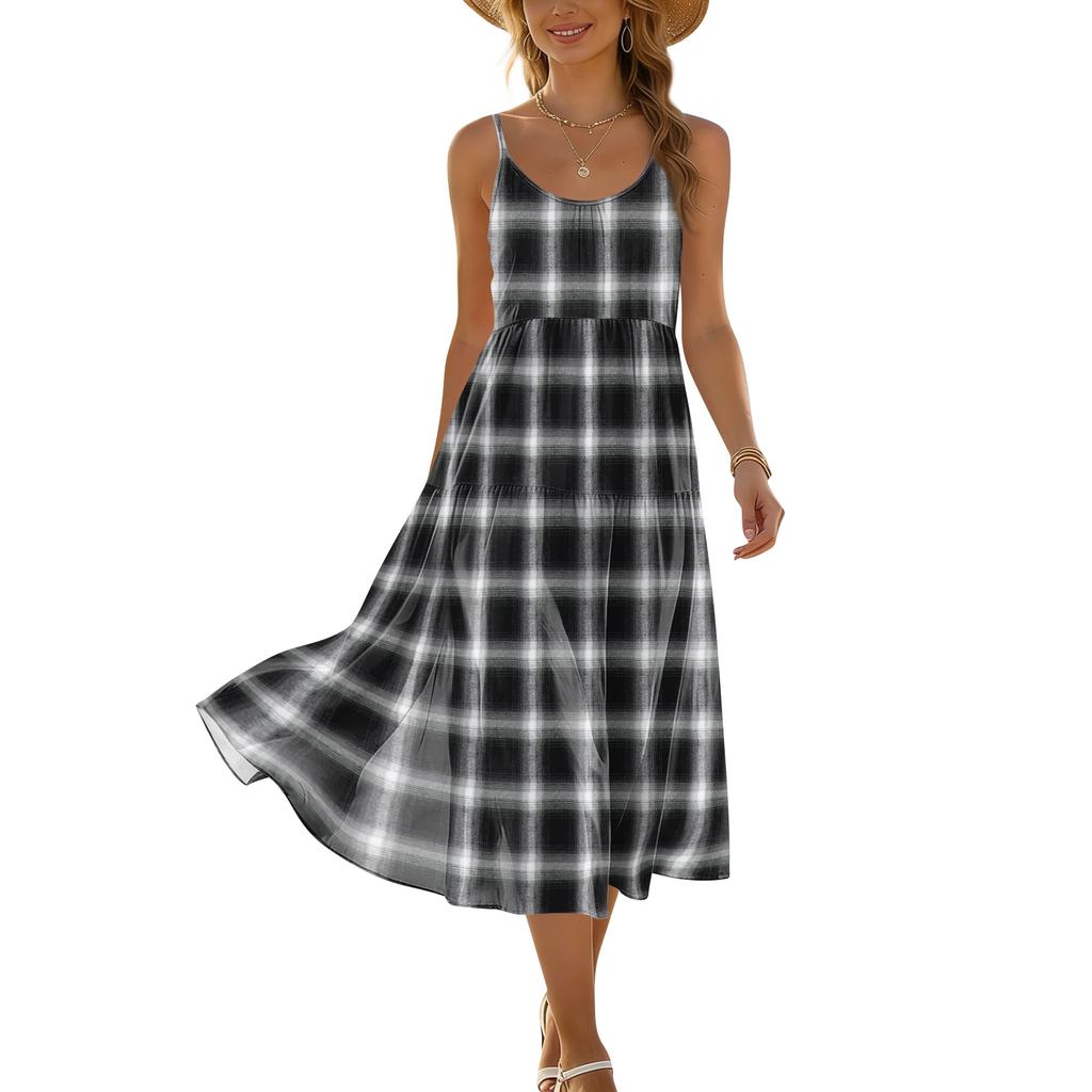Women’s Plaid Print Adjustable Strap Sleeveless Bohemian Style Casual Beach Holiday Midi Sundress with Pocket
