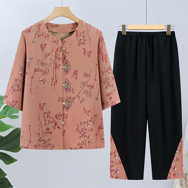 

Grandma s Summer Seven-Sleeve Two-Piece Plus Size Set for Middle-Aged Women 5XL (140-155 jin) красный