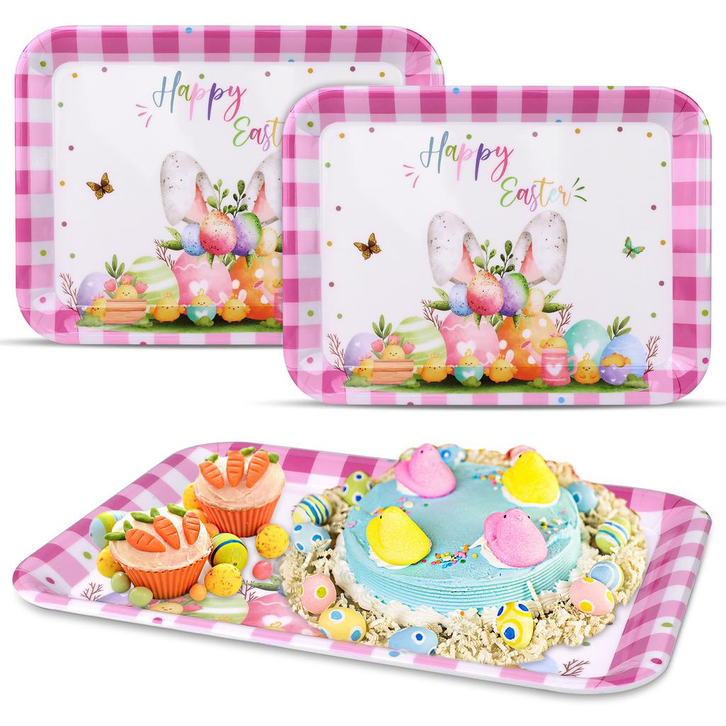 3 Pcs Easter Serving Trays Watercolor Bunny Egg Platter,13X10 Serving Dishes Vintage Spring Flower Rabbit Melamine Tray Snacks C