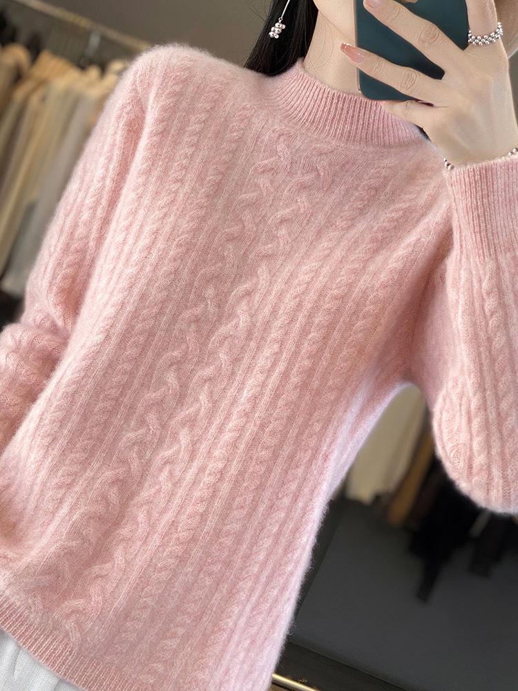 Women's Vintage Cable Knit Wool Sweater, Semi-High Neck, Long Sleeve, Thickened Cashmere, Loose Fit