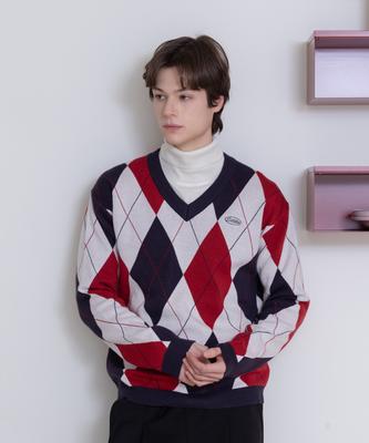 SELITIO Argyle V-Neck Soft Knit Red