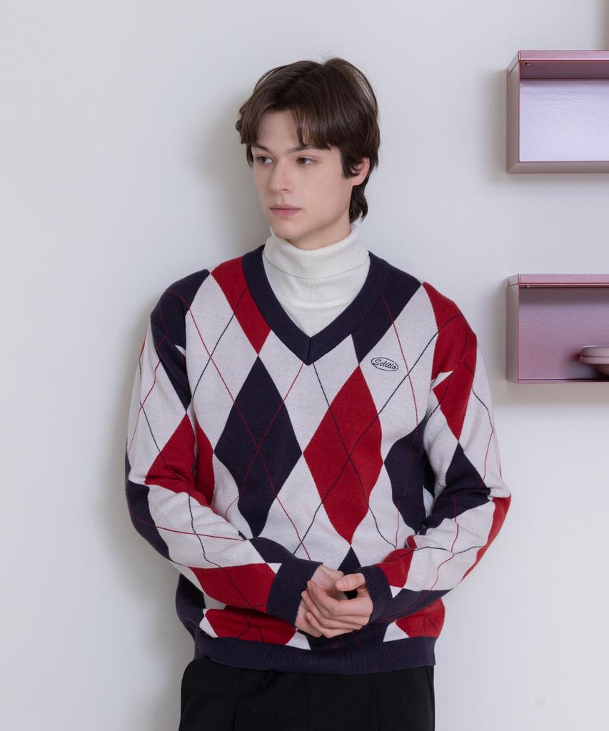 SELITIO Argyle V-Neck Soft Knit Red