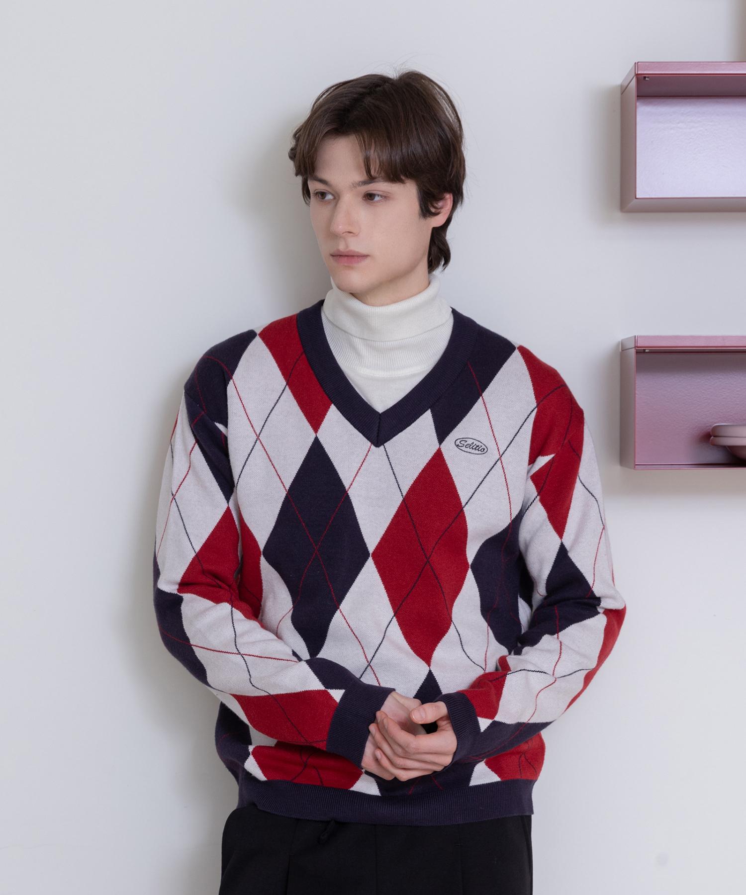 Celtio Argyle V-Neck Soft Knit Red Red/Xl