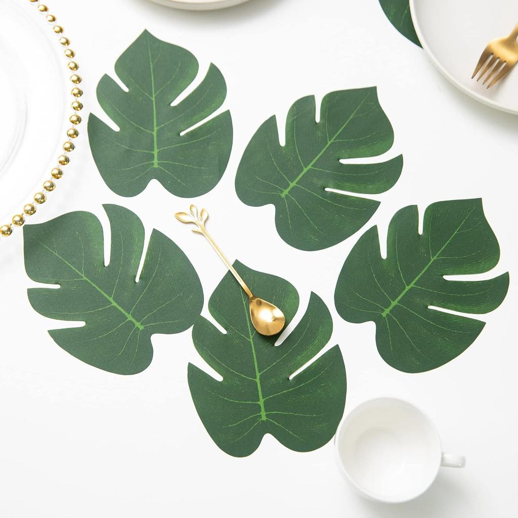 ATFL 8.3'' Artificial Medium Palm Leaves,50 PCS Fake Tropical Monstera Faux Palm Leaves for Safari Jungle Hawaiian Luau Party Table Decoration