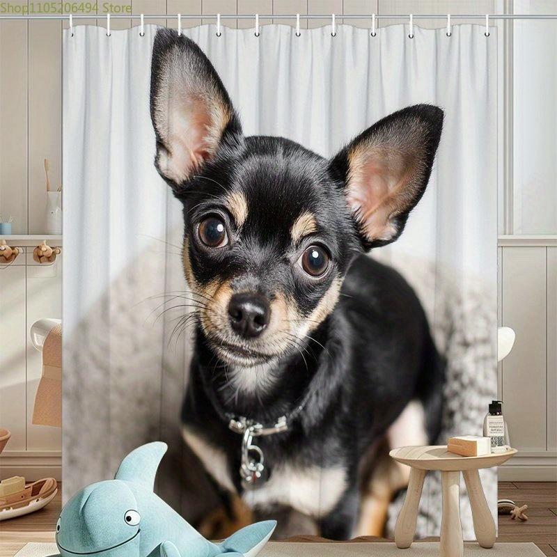 1pc Chihuahua Puppy Shower Curtain - Adorable Small Dog Portrait with Expressive Eyes, Soft Beige & White Polyester Fabric, 70