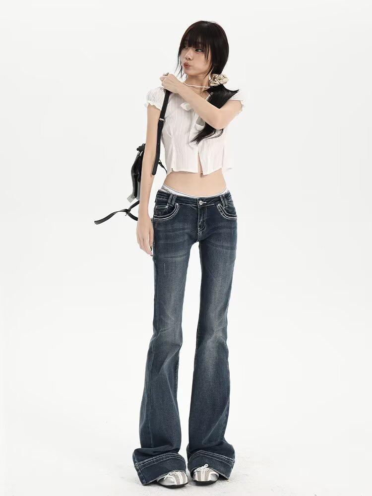 Dámské retro modré džíny s vysokým pasem a mikro rozšířenými nohavicemi - Podzimní strečový zeštíhlující styl