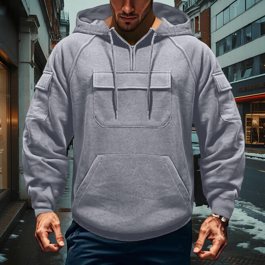 Men's Cargo Hoodie | Drawstring Multi-Pocket, Solid Color For Outdoor & Casual Wear