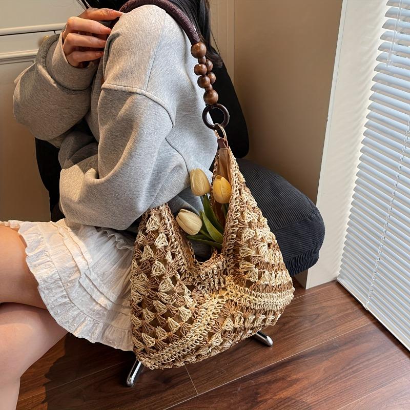 Vegan Handbag for Women Handmade Straw Woven Large Capacity Women's Shoulder Bag Perfect for Gatherings, Vacation, Tote Handbag