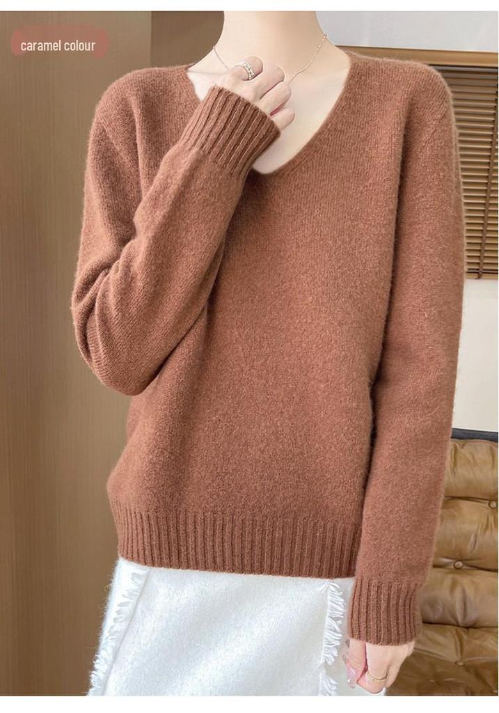 Women's V-Neck Thickened Wool Knit Sweater – 100% Pure Loose Fit