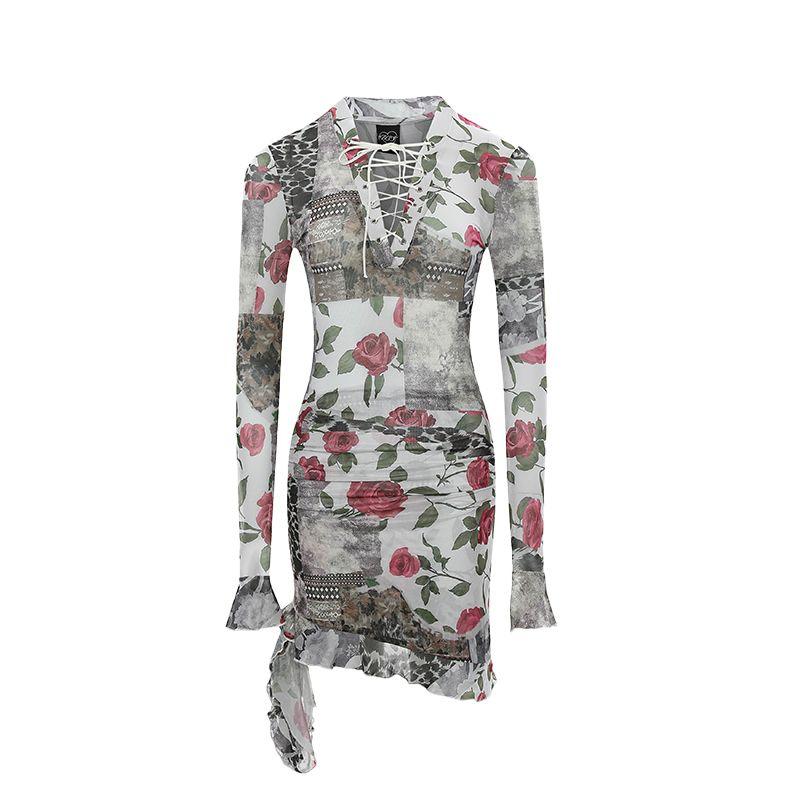 

USS Western Style Print Mesh Slightly Transparent Sexy Patchwork Long sleeve dress Women Slim fit Slimming Sheath Short dress Flower color L