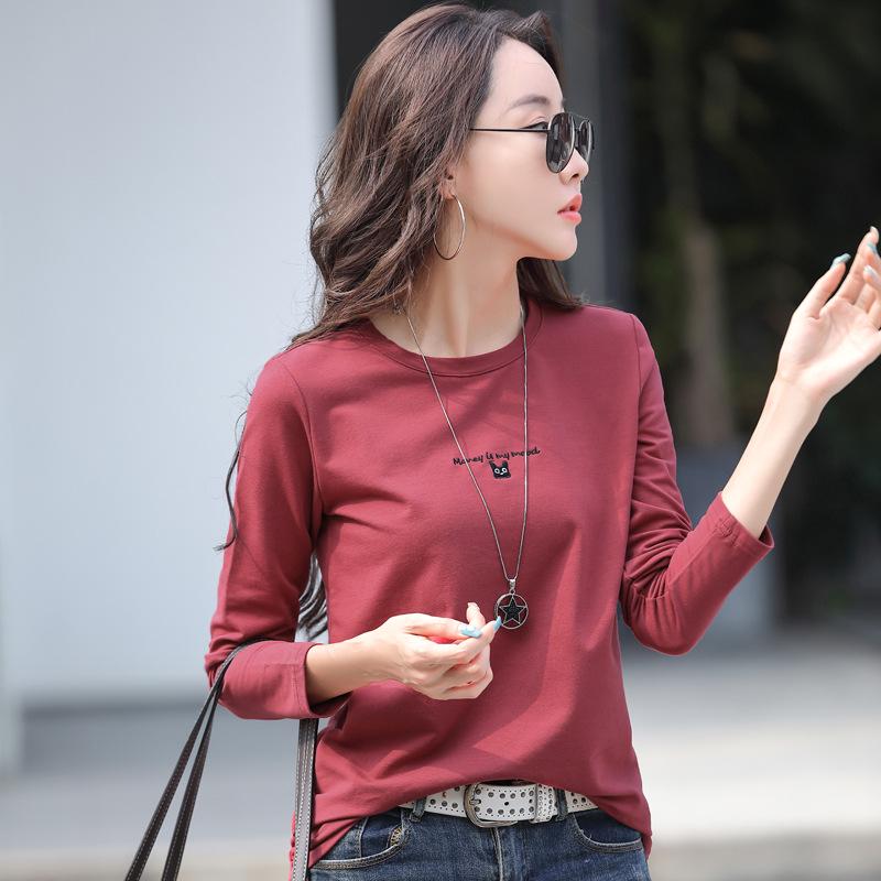 Damen Besticktes Rundhals Langarm T-Shirt, Herbst/Winter, Koreanischer Stil, Übergröße, 95% Baumwoll-Basisschicht
