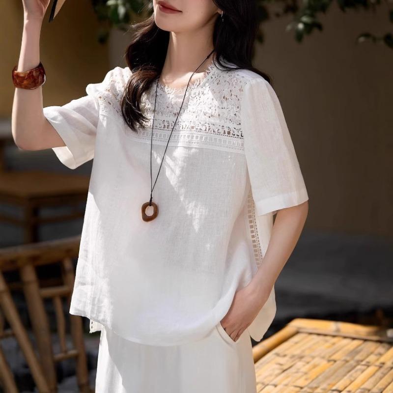 Women Elegant Loose Short Sleeve Round Neck Lace Patchwork Solid Blouse