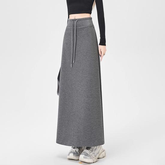 Women Sport Skirt High Waisted Adjustable Drawstring Long Skirt with Hem Slit Pure Color Slimming Design Casual Athletic Skirt