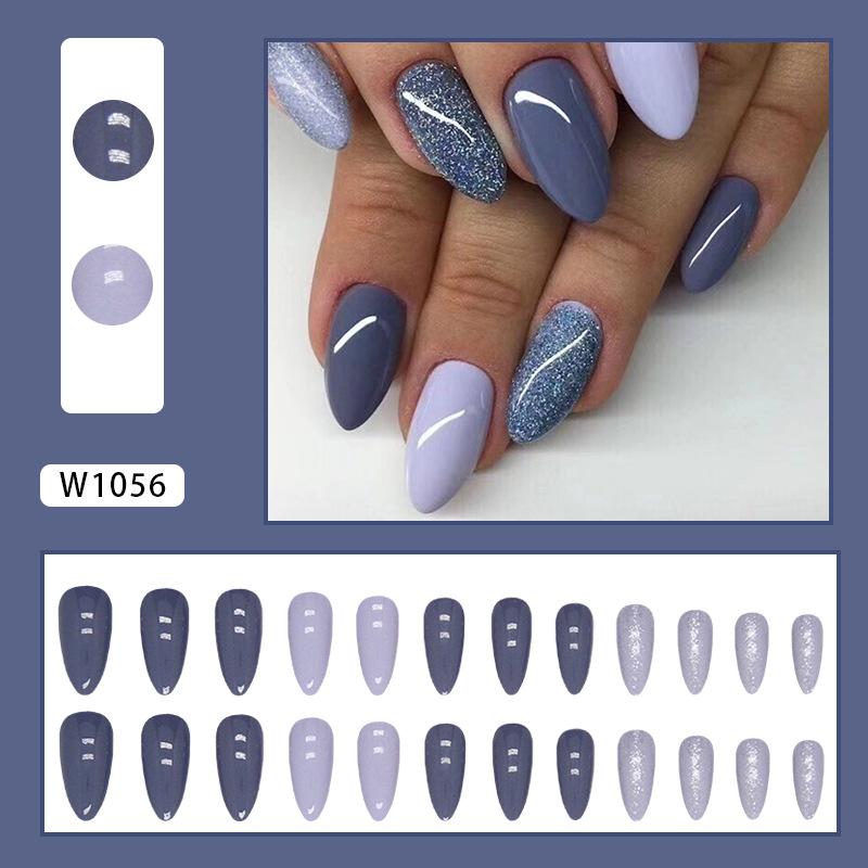 

European and American ins style autumn soot purple double color almond nail white simple milk tea purple wearing nail nails