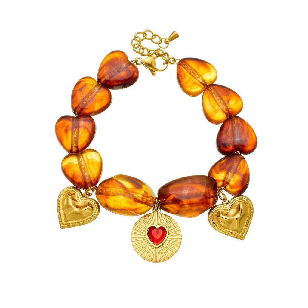 Stylish Geometric Resin Beaded Chain with Gold-Plated Inlaid Diamond Heart Pendant Jewelry Set