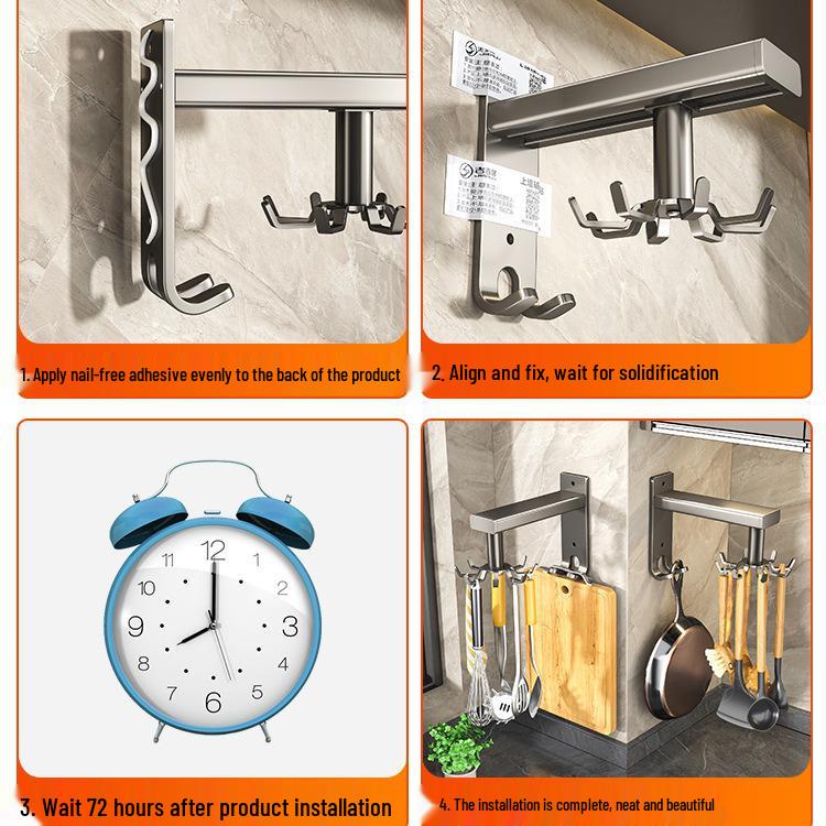 Wall-Mounted Rotating Hook & Storage Rack for Kitchen Utensils - Punch-Free Installation