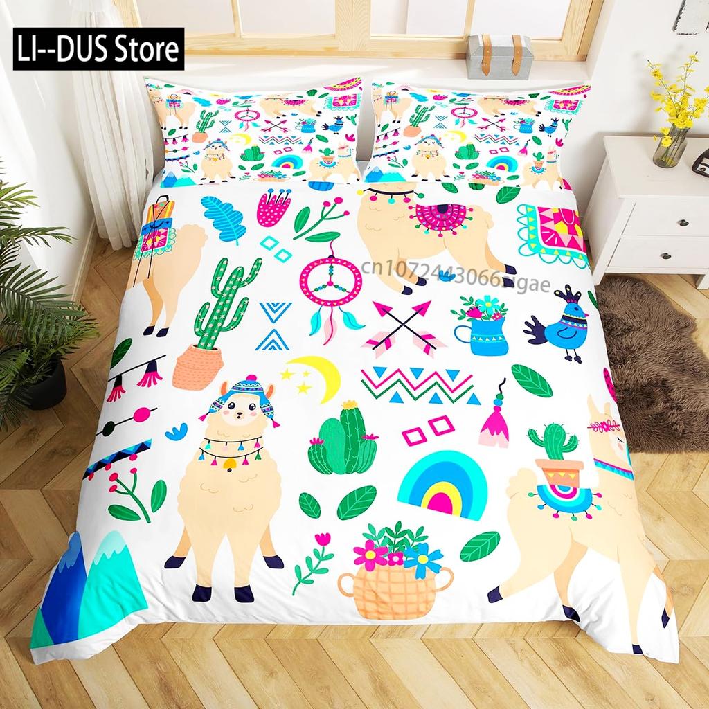 Lovely Cartoon Alpaca Llama Cactus Print Boys Girls Duvet Cover Set Full Size For Kids Teen Bedding Set Comforter Cover Decor