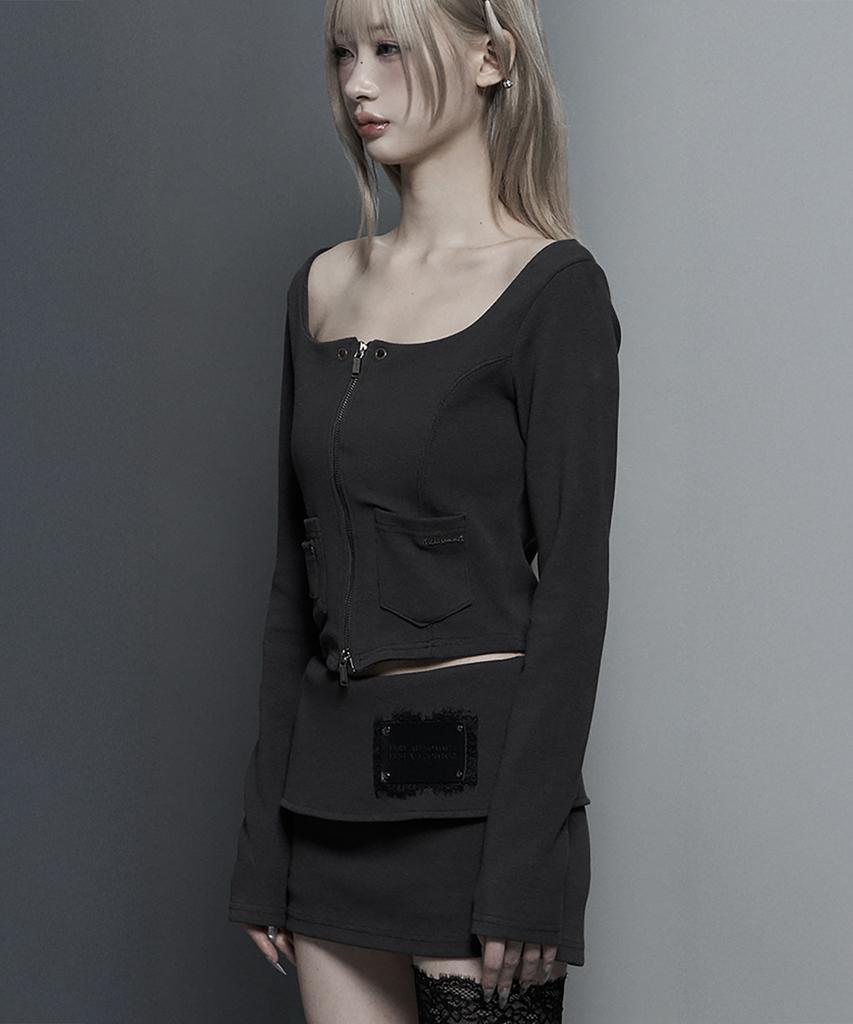 ETRE AU SOMMET Square Button Point Slim-Fit Long Sleeve Top (Dark Gray)