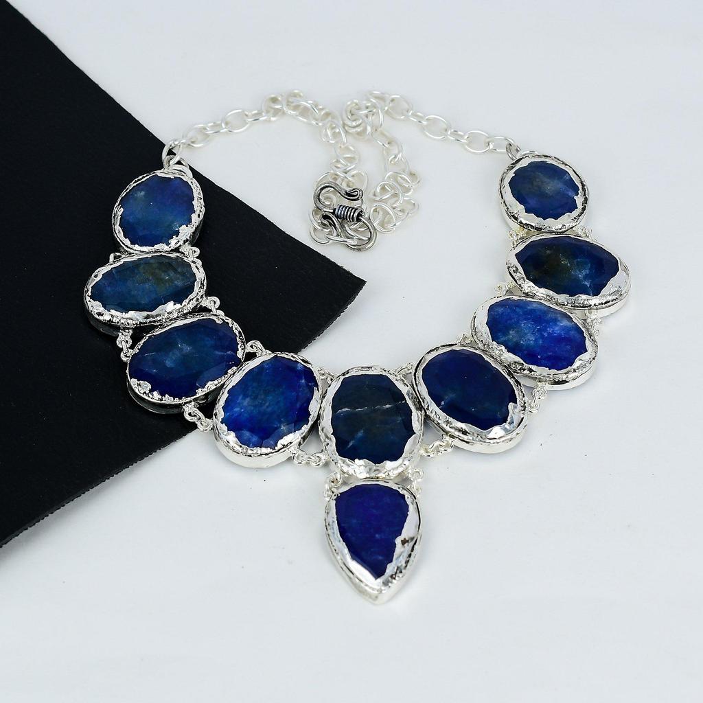 Blue Sapphire Gemstone Handmade 925 Sterling Silver Electroform Necklace, Blue Sapphire Silver For Wife Unisex Necklace, Wadding Gifts