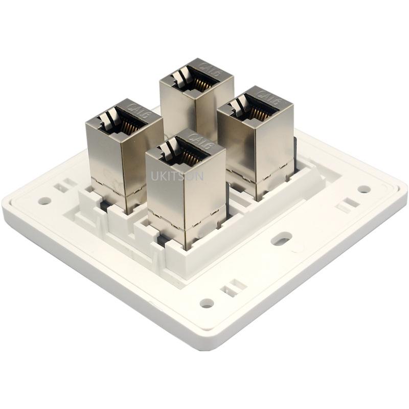 Female CAT6 RJ45 Wall Outlet With 4 Ports Shielded CAT.6 Network Socket Insert Keystone Jack Faceplate 86x86mm In White Color
