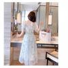 White Square Neck Dress, New Summer Drape French Temperament, Sweet Waist and Thin Ink Painting Dress
