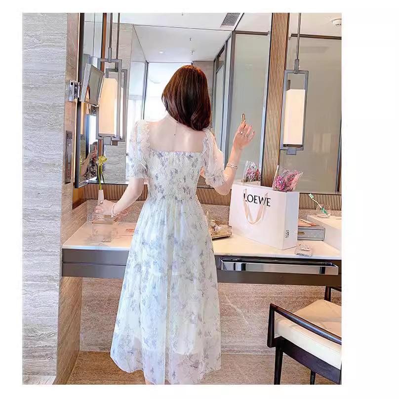 White Square Neck Dress, New Summer Drape French Temperament, Sweet Waist and Thin Ink Painting Dress