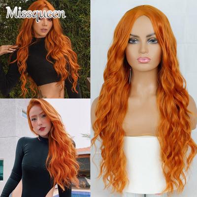 Bellissimi capelli arancioni a onda lunga senza frangia parrucca in fibra sintetica per donna