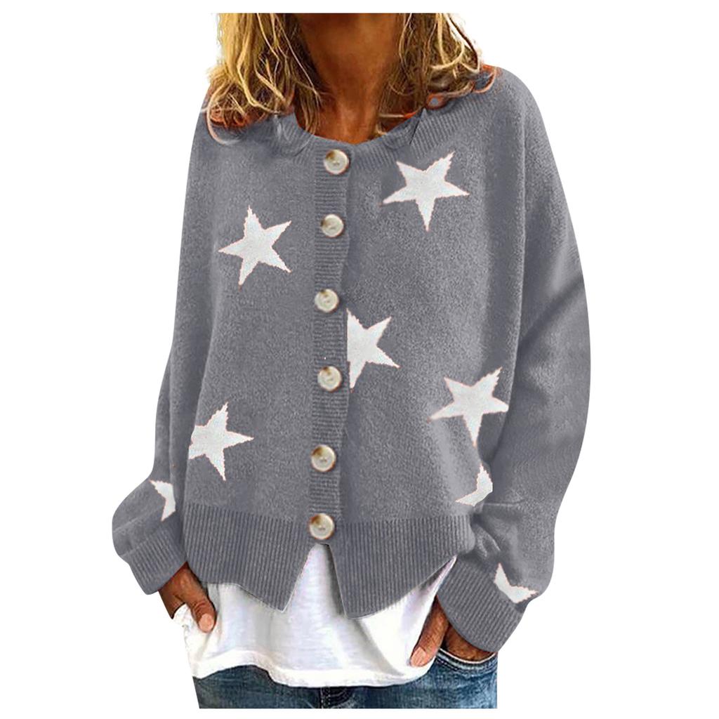 Women Retro Cashmer Knit Long Sleeve Single-breasted Star Sweater Cardigan Coats