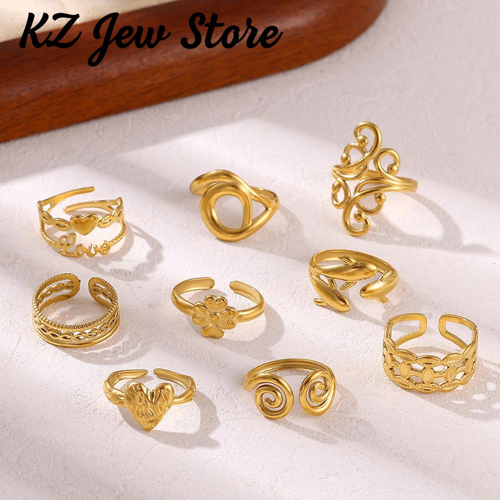 Irregular Geometric Adjustable Rings For Women Gold Color Stainless Steel Waterproof Dolphin Fish Anillos Heart Dainty Jewelry
