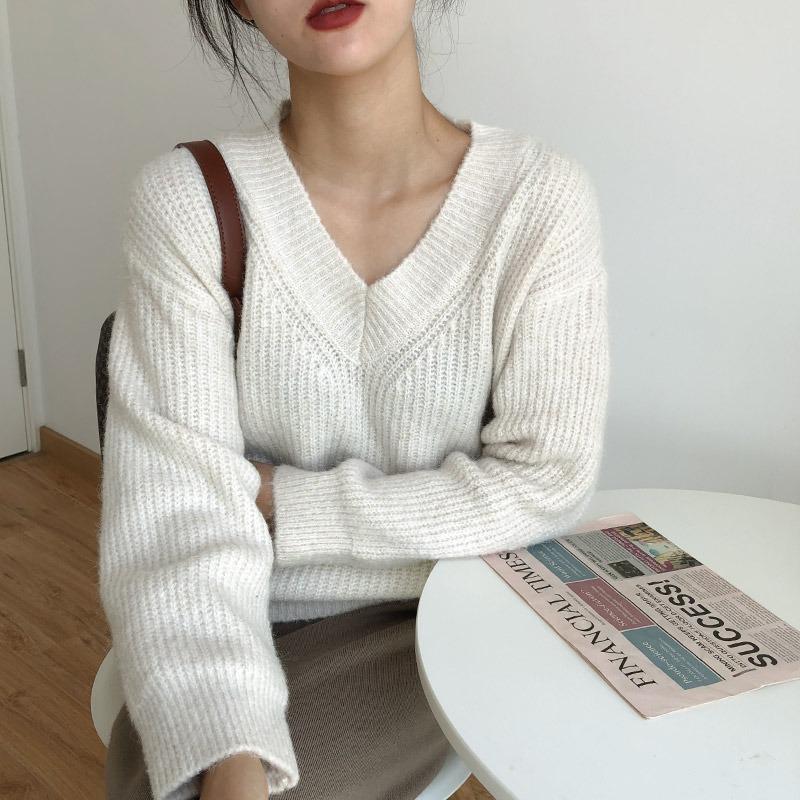 Outono Manga Longa Solta Gola V Pulôver Suéter para Mulheres Moda Sólida Inverno Novo Vintage Suéteres de Malha Senhoras Elegante Base Quente Malhas 25047