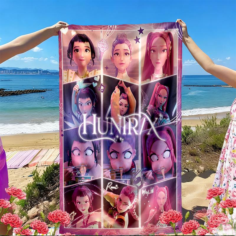 KPop Demon Hunters Print Beach Towel, Versatile Lightweight Absorbent Beach Towel for Pool Surf Yoga Bathroom, Perfect Birthday Holiday Gift
