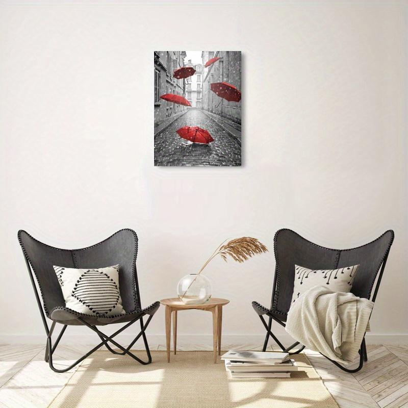 Framed - Modern City Streets, Red Umbrella Print, Multiple Scene Display, Framed Canvas Poster - Vibrant Decorative Artwork
