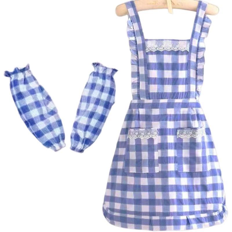  Stainprevent Blue Checkered Work Apron with Sleeve Protections Polyester Cotton Apron For Kitchen and Catering Services