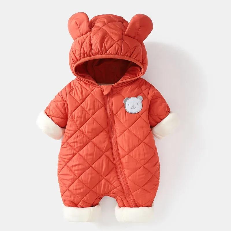 Winter Baby Bodysuit Solid Bear Ear Hooded Thickened Warm Newborn Jumpsuit Soft Toddler One-Piece Outfit