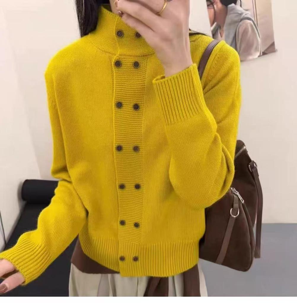 Korean double-breasted stand-up neck knitted cardigan women's autumn and winter design sense temperament loose sweater jacket huge good-looking top